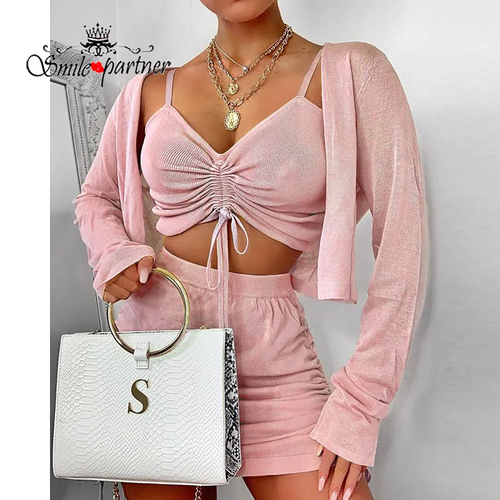 

Smile Women Knitted Pink Summer Clothing Set Shirring Elastic Pink 3 Pieces Sets Lady Basic Soft Fashion Wearing A210455