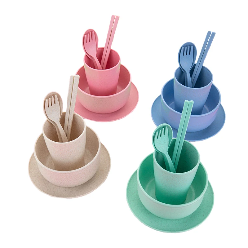 

6Pcs/set Baby Feeding Dishes Wheat Straw Eco-friendly Dinnerware With Bowl Cup Plate Kids Spoon Fork Chopstick Tableware MBG0553