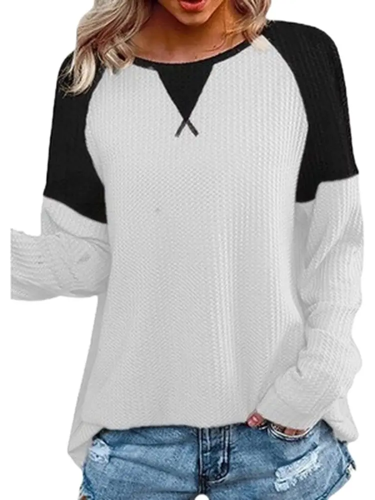 

Женская футболка с длинным рукавом, Повседневная Свободная футболка с круглым вырезом и контрастными вставками, Осень-зима 2021