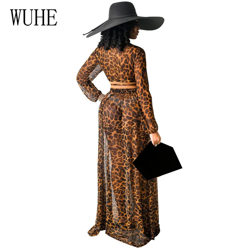 

WUHE Two Piece Leopard Chiffon Women Bohemian Maxi Dress Sexy V Neck Lace Up Summer Beach Bandage Long Dress Plus Size S-XXL