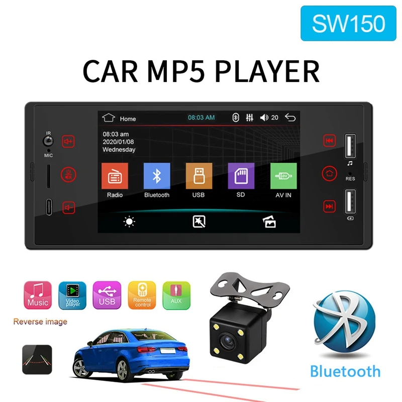 

5-дюймовый автомобильный MP5-плеер 1 Din, аудиоплеер ISO, многоцветный Bluetooth TF USB, быстрая зарядка, поддержка камеры заднего вида