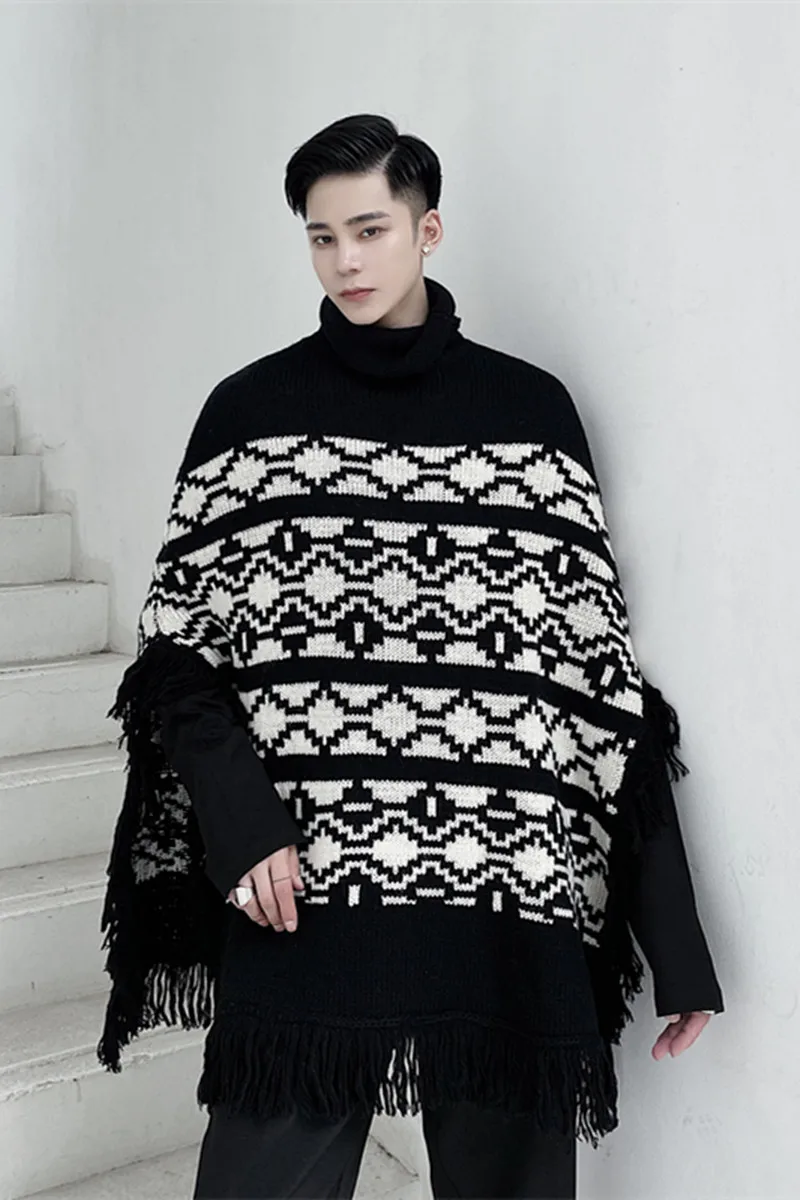 

New Male Women Streetwear Retro Fashion Loose Knitting Sweater Men Geometric Patterns Cape Tassel Pullover Turtleneck Sweater