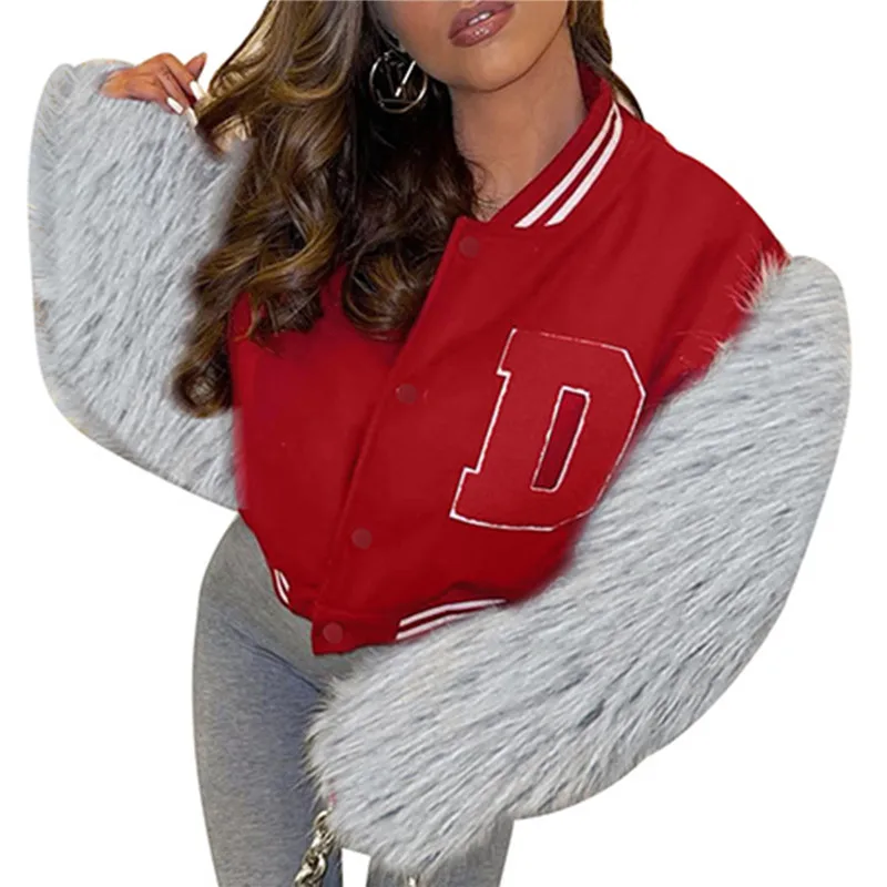 

Женская бейсбольная куртка большого размера с меховой прострочкой, куртка-бомбер в стиле ретро с вышивкой букв, модная повседневная куртка ...