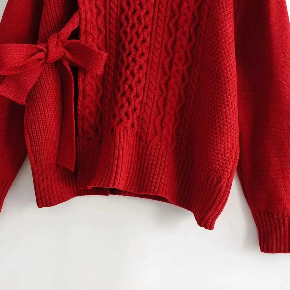 Женский пуловер с круглым вырезом свитер свободный на шнуровке Ретро стиль витой