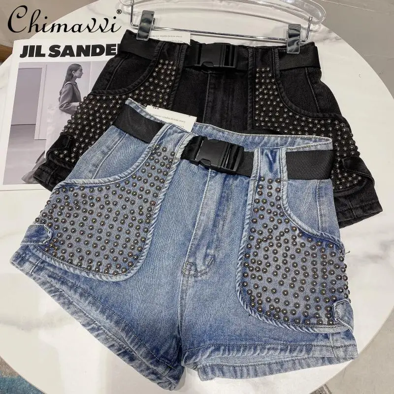 

Fashion Rivet Heavy Double Pocket Denim Short Women Washed Three-Point Jean Shorts Fashion Street Clothing Straight Short Pants