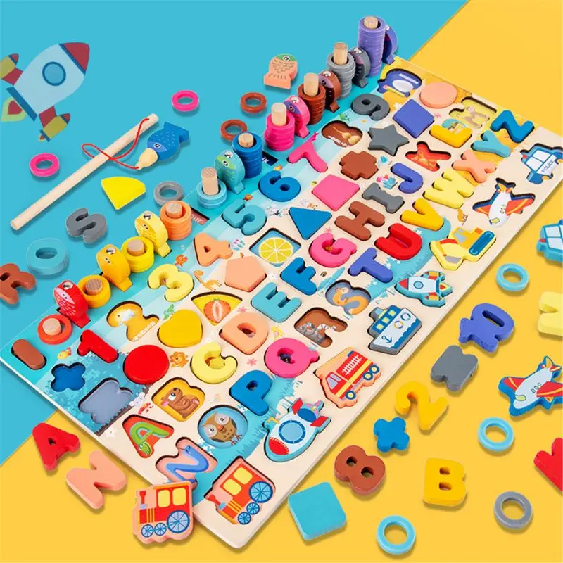 

Montessori Wood Blocks Puzzle Board Set for Toddler Preschool Kids Learning & Educational Toys for Number Counting, Colors Stack