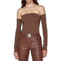 fashion y2k brown monogram off shoulder longsleeve zip up slim womens t shirt strapless tops