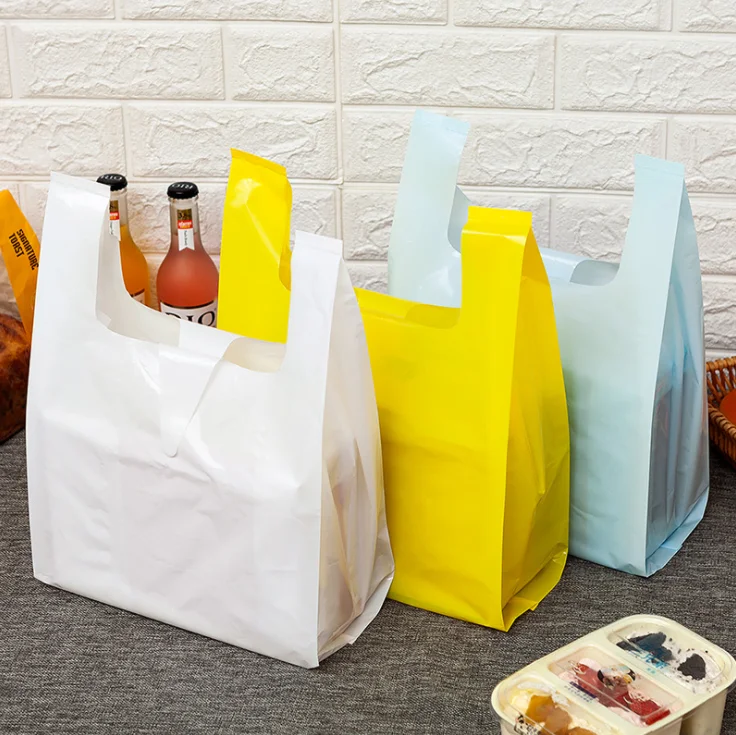 

50Pcs Solid Color Thicken Plastic Bag Takeaway Dessert Supermarket Grocery Shopping Plastic Bags with Handle Food Packaging Bag
