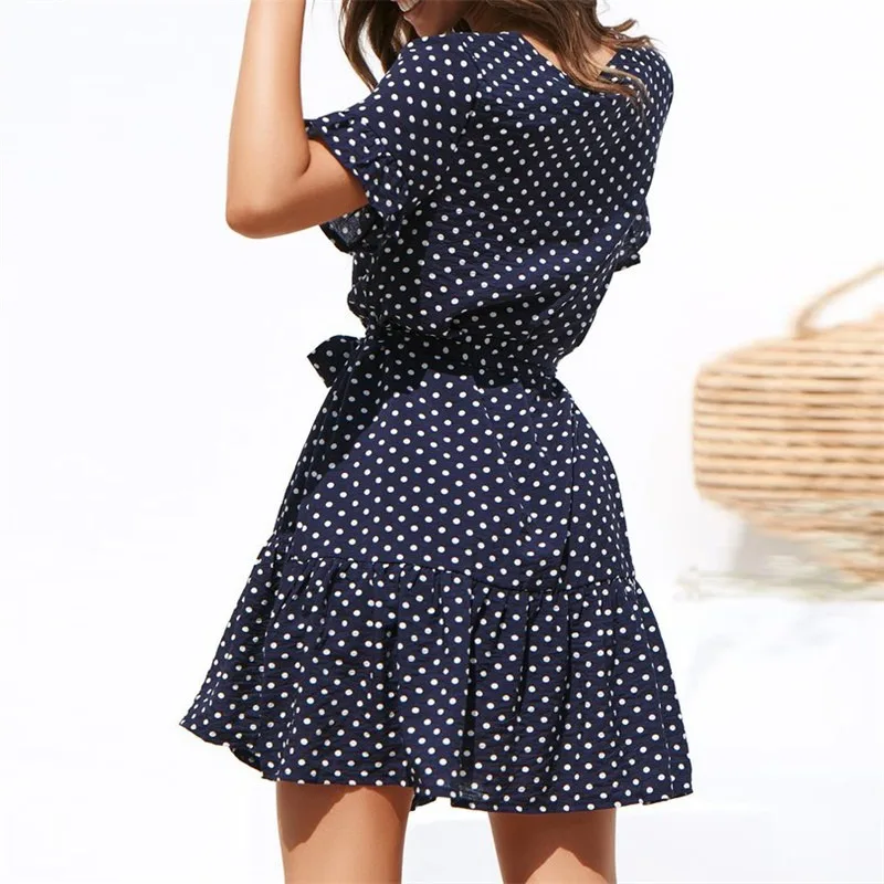 

Women Summer Beach Chiffon Dress Casual Short Sleeve Polka Dot Dress Boho Mini Party Dress Elegant V Neck Sundress Vestidos