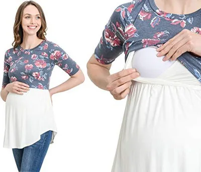 

New Maternity Wear Trend Flower Print Fake Two Pieces Stitching Pregnant Women T-shirt Invisible Split-fork Mama Nursing Shirt