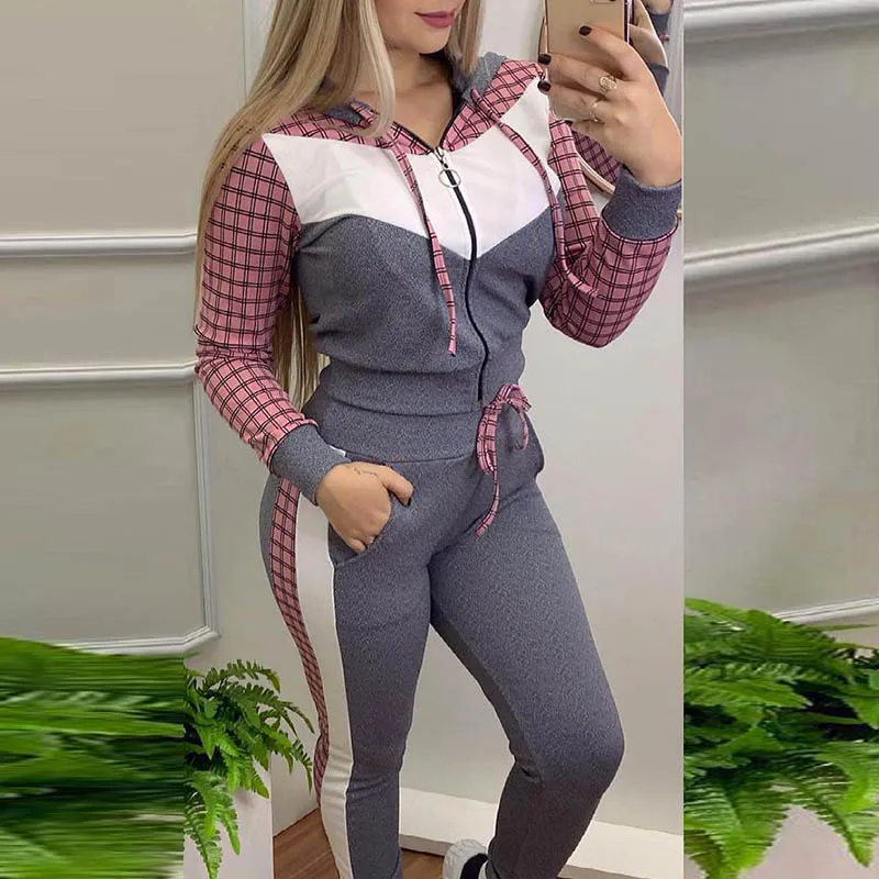 

Autumn Women casual Plaid Patchwork Tracksuit sets Elegant pullovers +Drawstring long Pants Set Female sport Two Piece Sets
