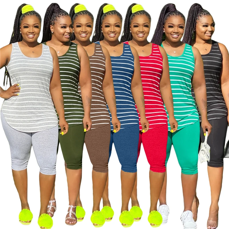 

5XL Plus Size Tracksuit Women Two Piece Set Summer Clothes Striped Tank Top Knee Length Shorts Suit Casual Outfits Jogging Femme