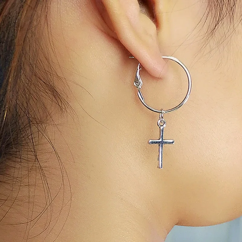 

Tenande Fashion Silver Color Circle Hoop Earrings for Women Cross Drop Earrings Pendant Birthday Party Jewelry Gifts