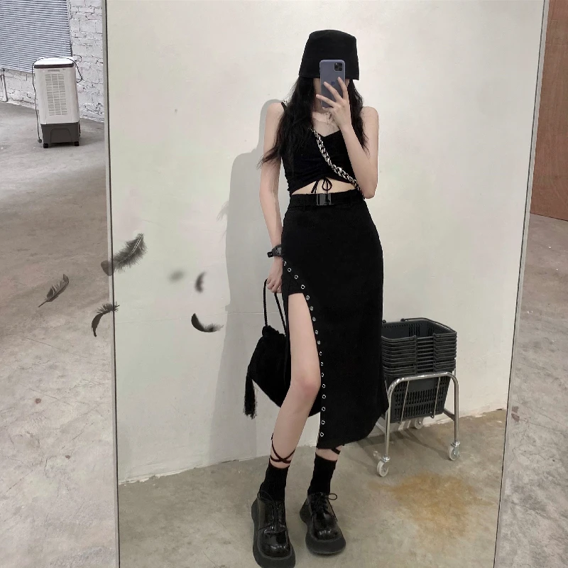 

Harajpoo Women Skirt High Waist Summer Korean Version Ins Hong Kong Style Retro Personality Design Black Mid-length Split Skirts