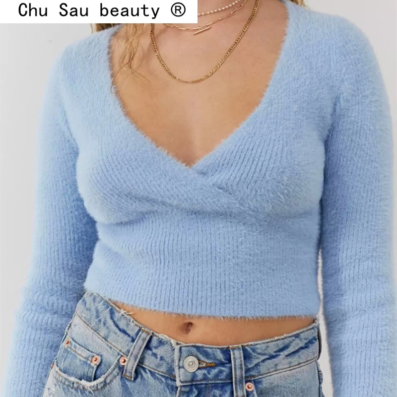 

New Fashion Autumn Street Style Blue Knitted Pullovers Women Casual Long Sleeve Deep V-neck Sweaters Female Jumpers