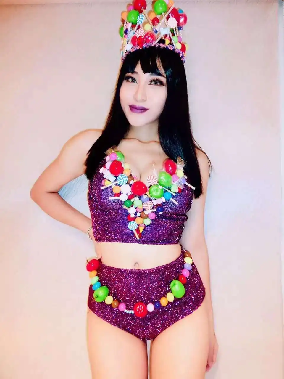 

Suger Purple Shiny Dance Sexy Open Dance Bodysuit Stage Costumes For Singers Magic Show Costume