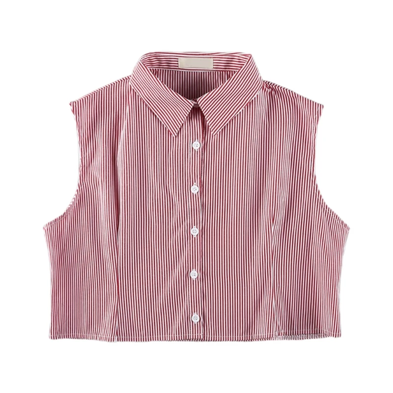 

Women Classic Vertical Striped Print Fake Collar Detachable Dickey Blouse Sleeveless Crop Top Button Down Lapel Half Shirt DXAA