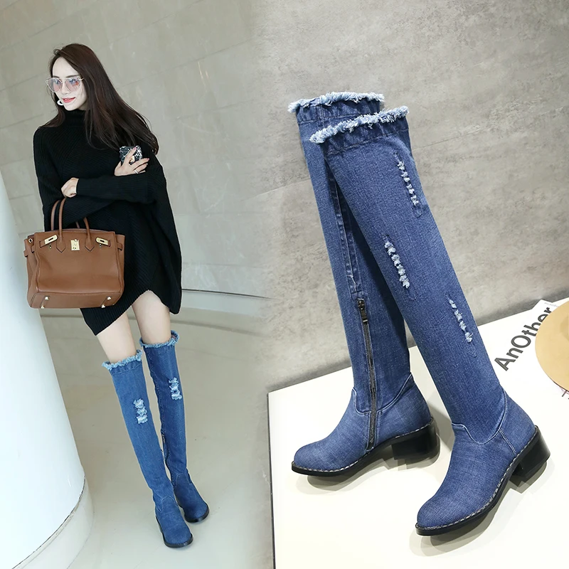 

Women over-the-knee Boots Stretch boots denim fabric plus size 22-26.5cm length long boots autumn and winter Hole Cowboy shoes