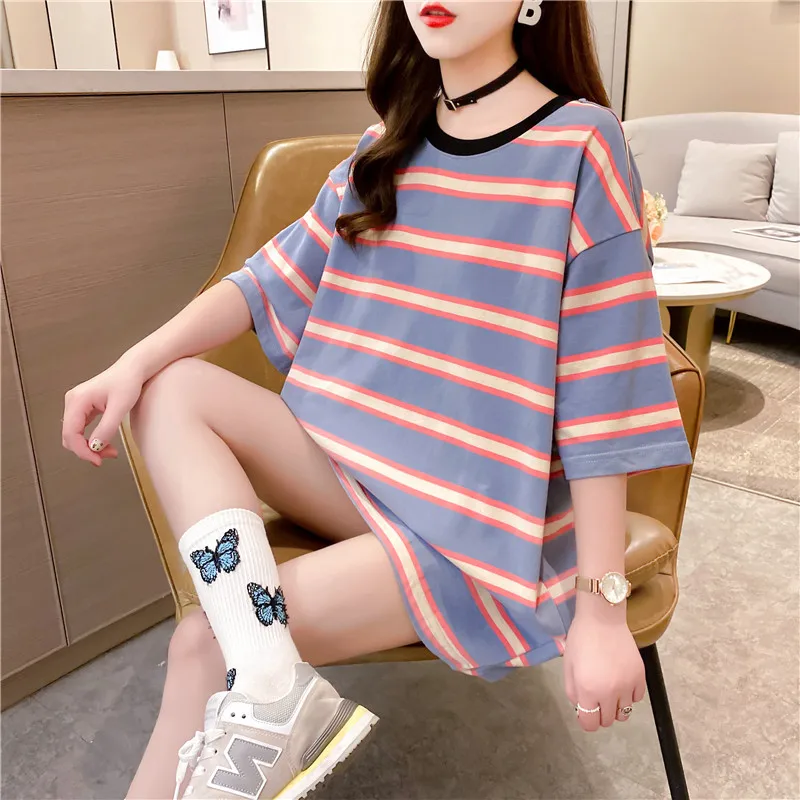 

In The Summer of 2021, The New Pure Cotton Super Fire INS Loose Top Stripe Design Short-sleeved T-shirt