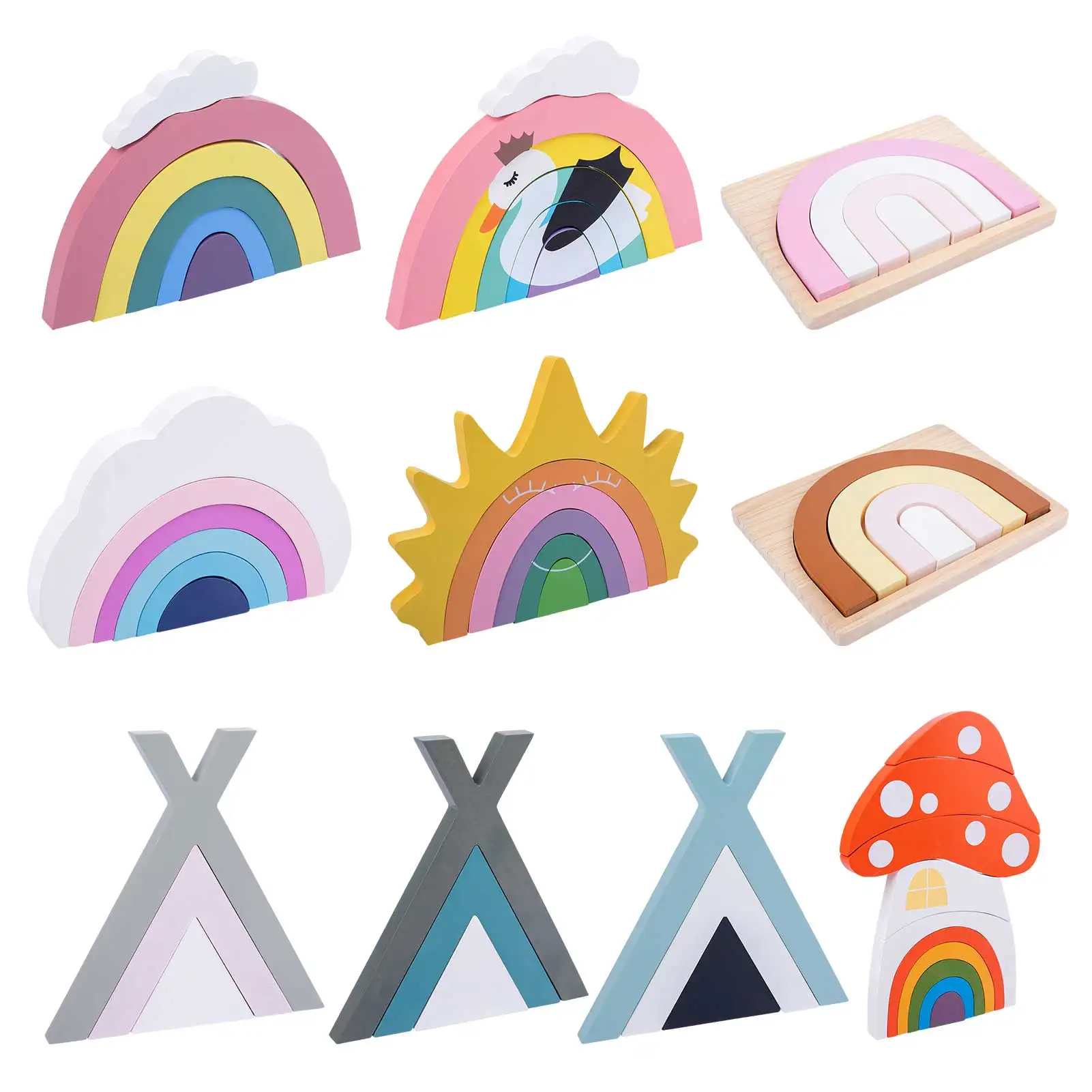 Bloques de construcci&oacute;n de arco&iacute;ris para ni&ntilde;os, juguete educativo de apilamiento de madera, juguetes educativos de bloques de aprendizaje temprano, regalo, novedad-0