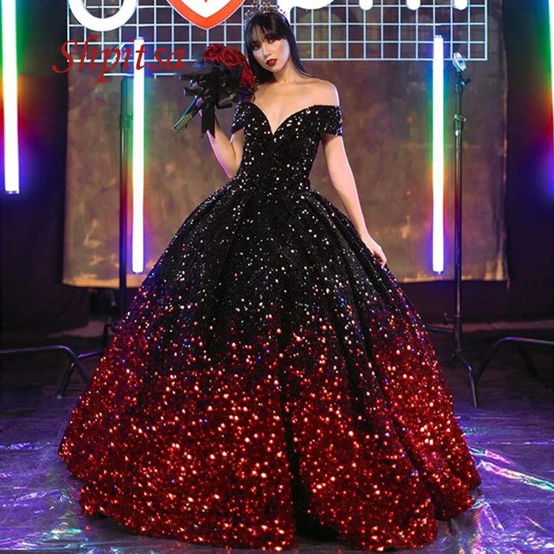 

Black and Red Long Evening Dresses Party Off Shoulder Sequin Ball Gown Women Luxury Plus Size Prom Formal Evening Gowns Dresses