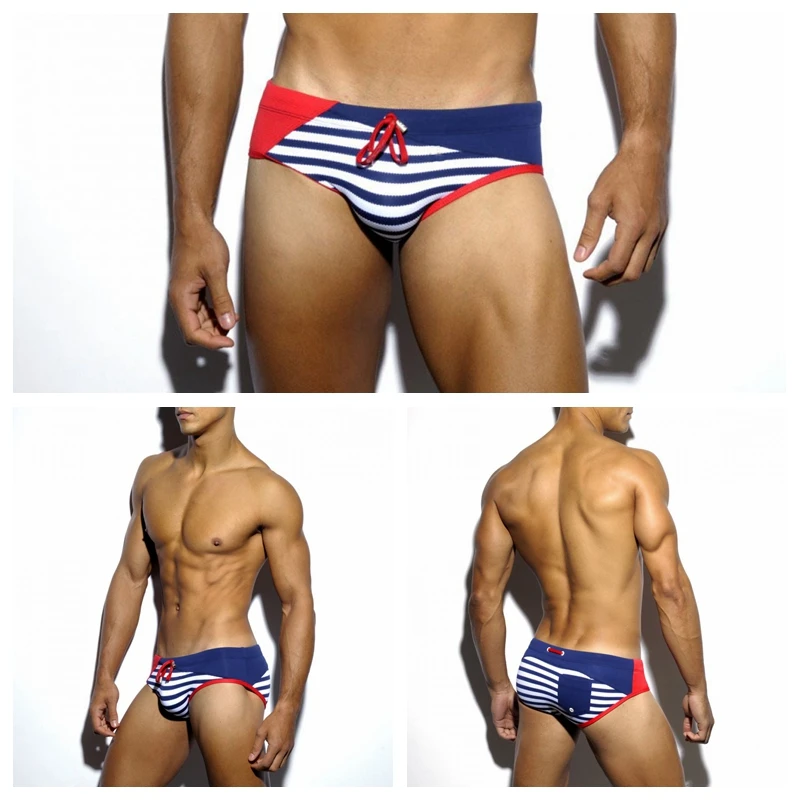 

Queshark Pro Men Swim Briefs Navy Striped Diagonal Fashion Triangle Swimwear Small Pocket Color Matching Trunks With Push Pad