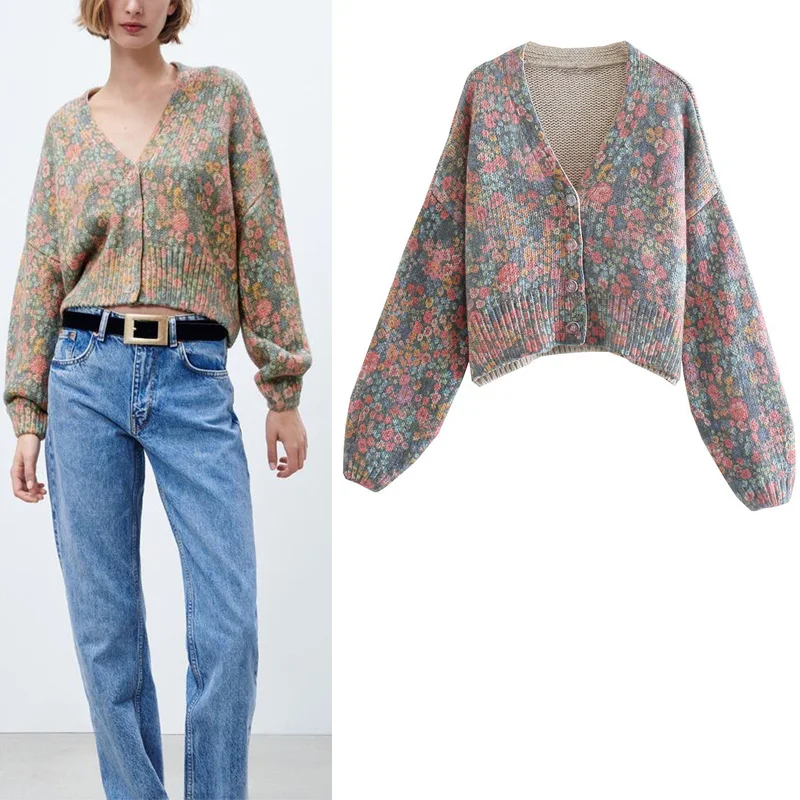 

Za Winter Woman's Print Knitted Cardigan Sweater Long Puff Sleeve Fashion Sweater Chic Buttons Thicken Warm Oversized Sweater