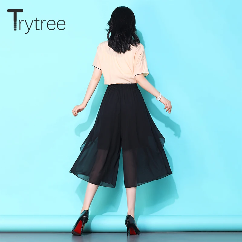 Trytree 2020 Spring Summer Women Pants Casual Elastic Waist Black Wide Leg Calf-Length Loose Fashion Thin | Женская одежда