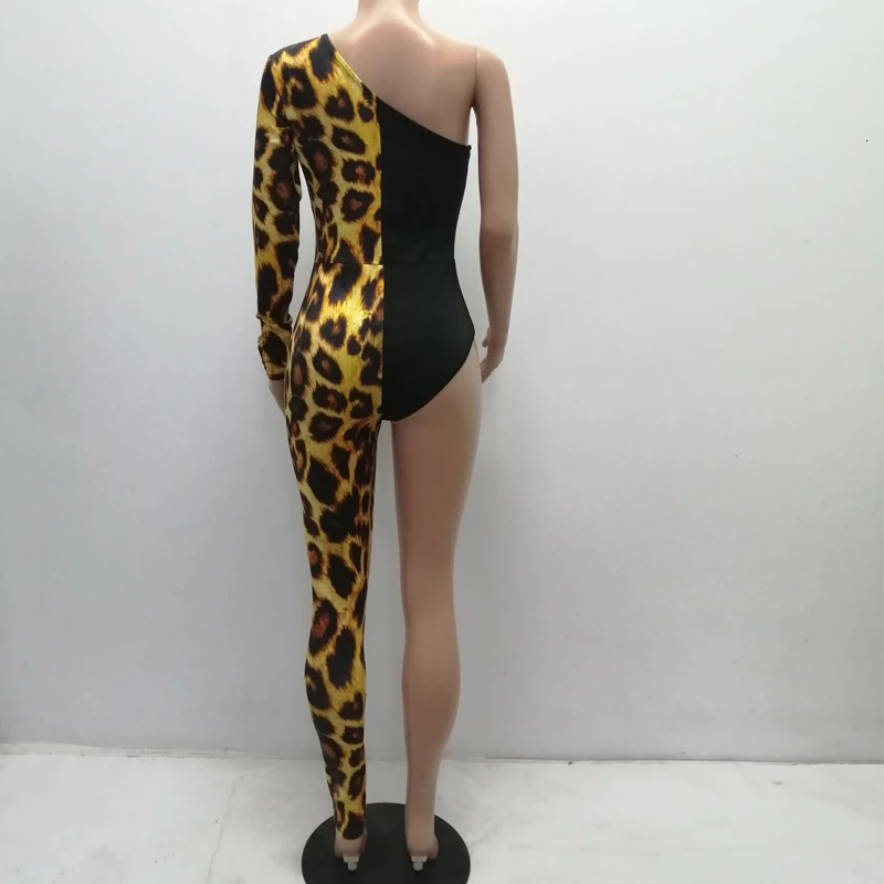 

Leopard Skin Print Cami Long Sleeve Jumpsuit New Fashion Women Sexy One Shoulder Jumpsuit Slim Body Rompers