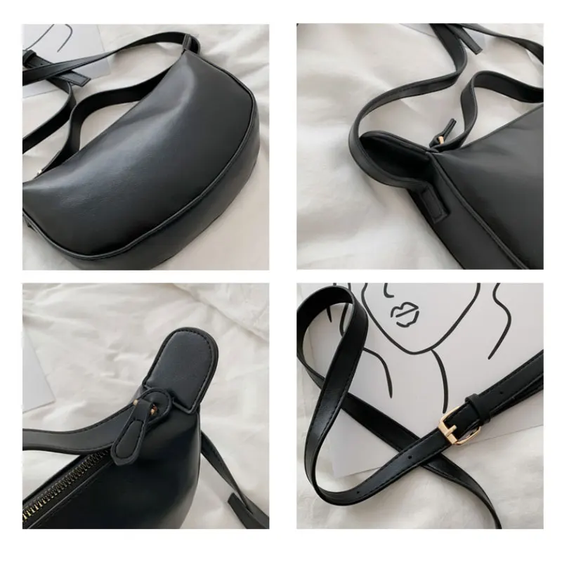 

MENGM Women Girls Shoulder Bags Crossbody Bag Soft PU Leather Retro Solid Color Ladies Baguette Handbags Fashion Design Black
