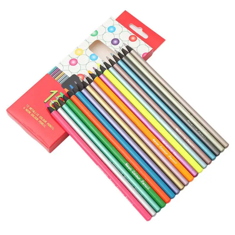 

12Pcs Metallic Non-Toxic Colored Pencils+6 Fluorescent Color Pencils for Drawing K3KE