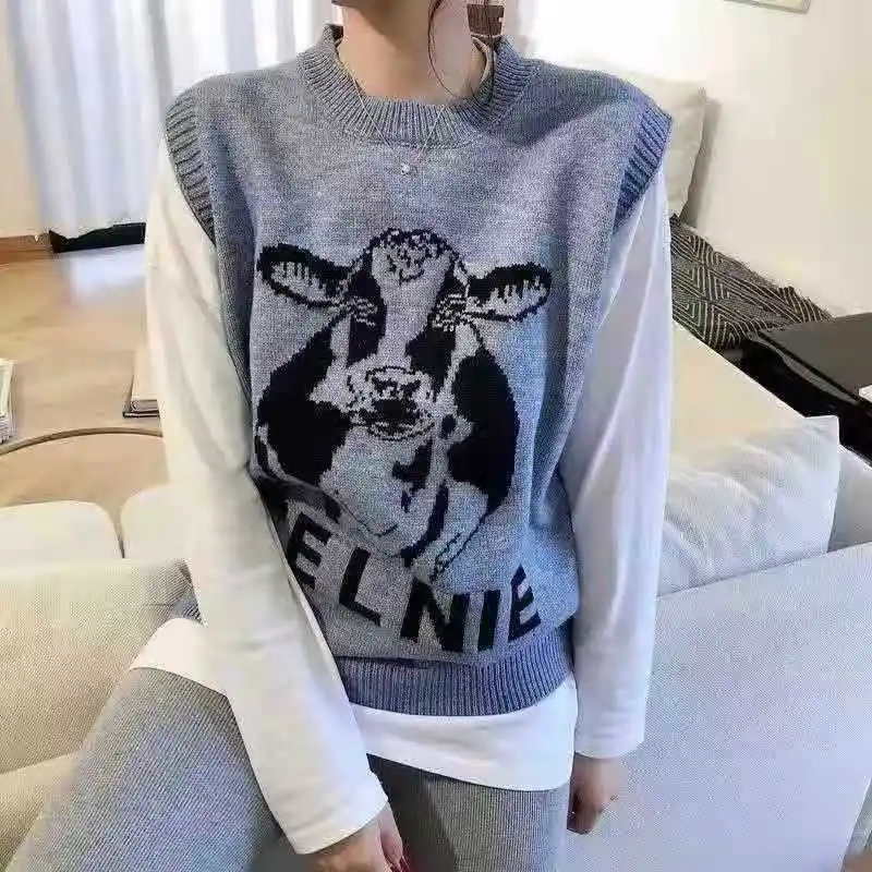 

Jacquard O Neck Knitted Sweater Vest Female Cartoon Pattern Loose Sleeveless Bottoming Tops Spring Autumn Waistcoat X77