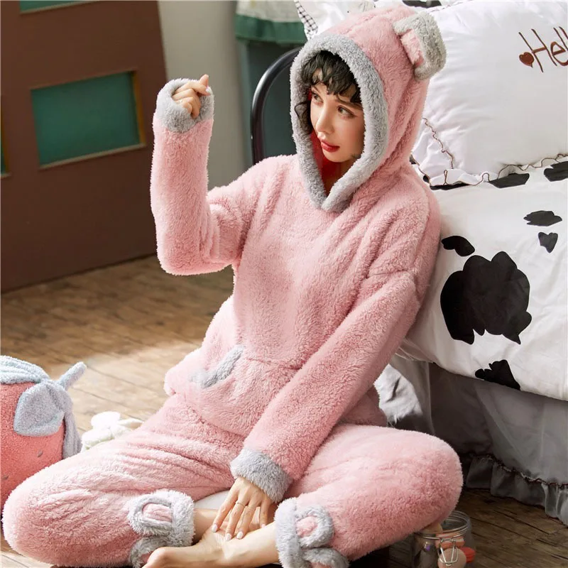 Pink 2 Женская теплая пижама; зимняя повседневная милая пижама с рисунком; домашняя одежда из 2 предметов; бархатная пижама с капюшоном; утепленная пижама - Цвет: Pink 2