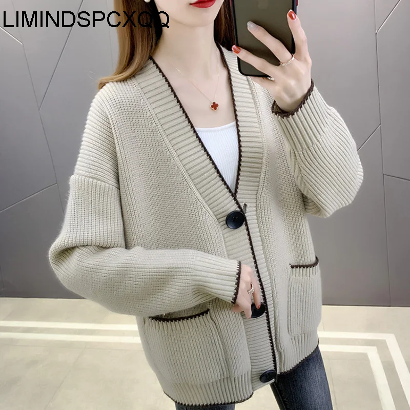 

Womens Cardigan Knitted Korean Fashion Stripe Wool Sweater For Women Winter Long Sleeve V-neck Casual Knitwear Coats Female 2021