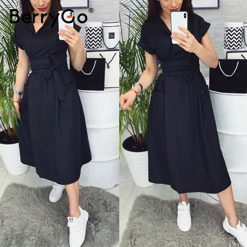 Женское Повседневное платье с поясом BerryGo офисное трапециевидной формы коротким
