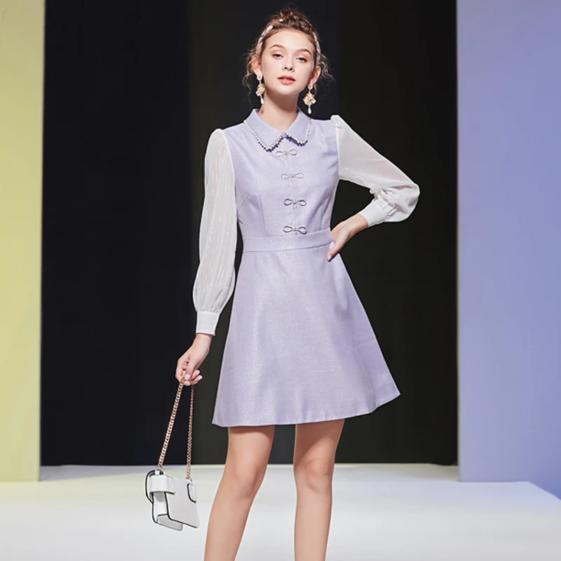 Женское шифоновое платье в стиле пэчворк с отложным воротником и длинным рукавом