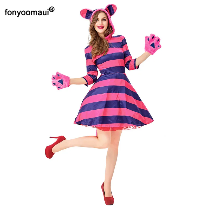 Маскарадный костюм на Хеллоуин милый кошки в фиолетовую и синюю полоску для