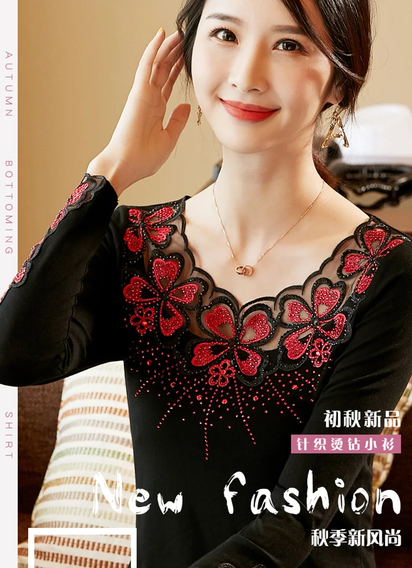 Blusas mujer de moda, Осенние сетчатые топы с длинными рукавами и вышивкой, модная Повседневная Блузка с бриллиантами, рубашка, большие размеры