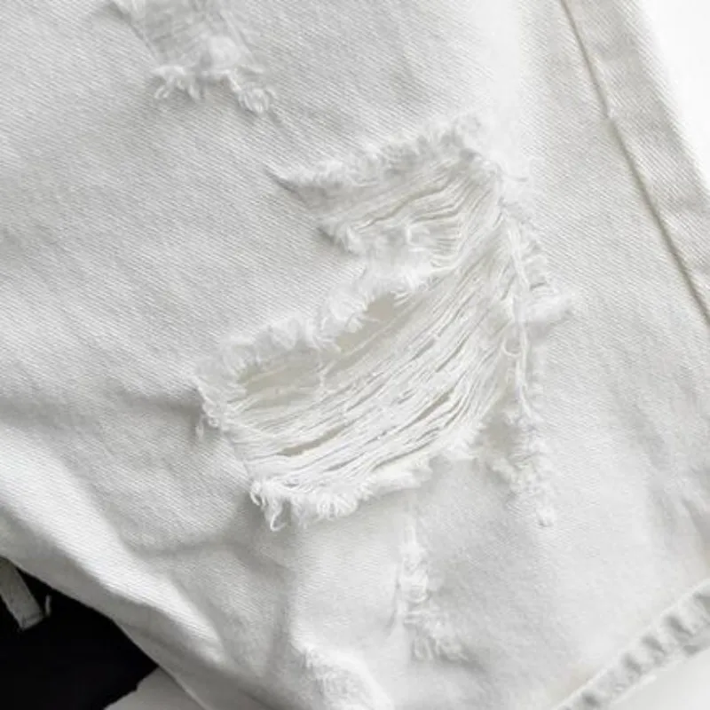 Brand Vintage Mens Summer Denim Shorts Black White Classic Trousers Big Hole Cotton Knee Length Jeans Free Shipping | Мужская одежда