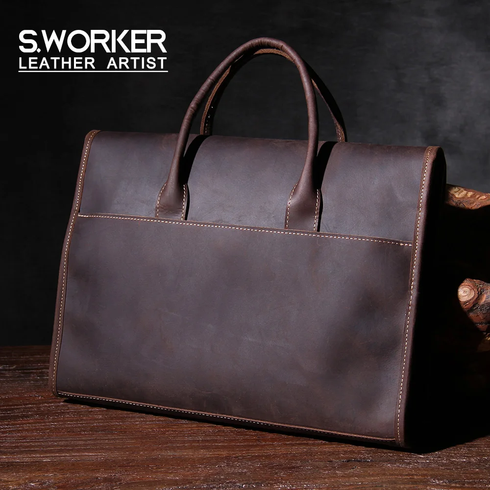 

S.WORKER Vintage Genuine Leather Men's Laptop Briefcase Minimalism Style Handbag Crazy Horse Cowhide Messenger Bag Shoulder Bag