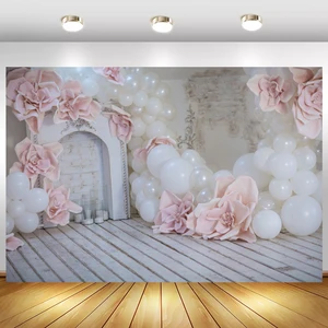 Фон для фотографий Laeacco, серый камин, розовый воздушный шар, деревянный пол, детский день рождения, портрет, Фотостудия