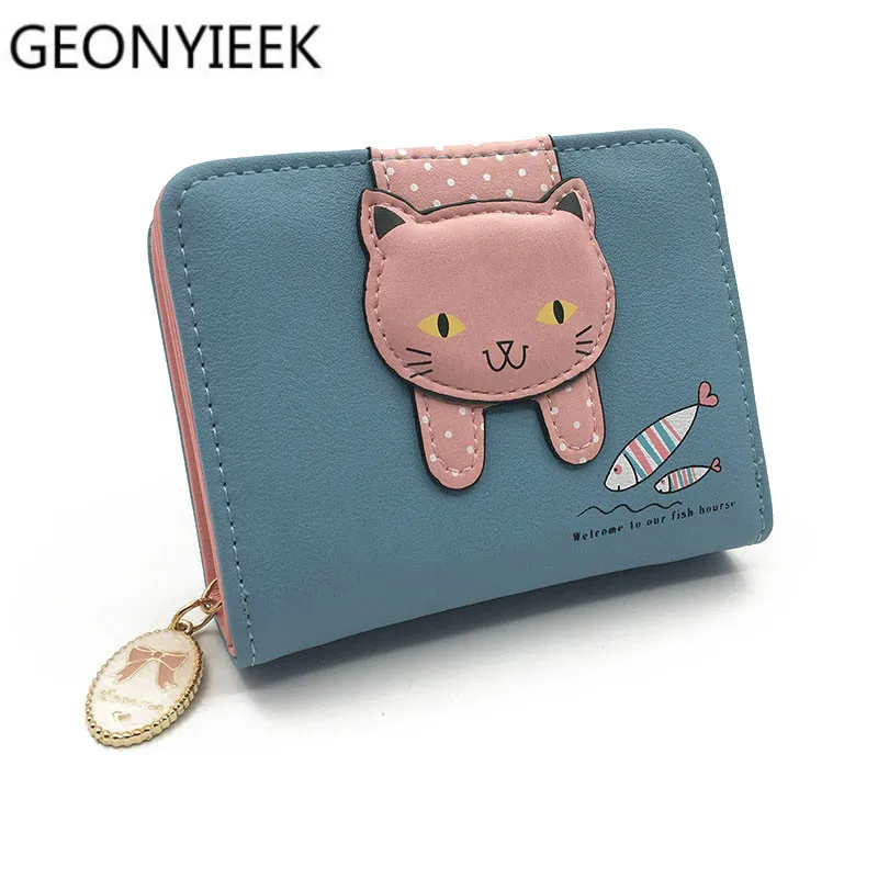 Женский кошелек с милым котом маленький на молнии для девочек брендовый