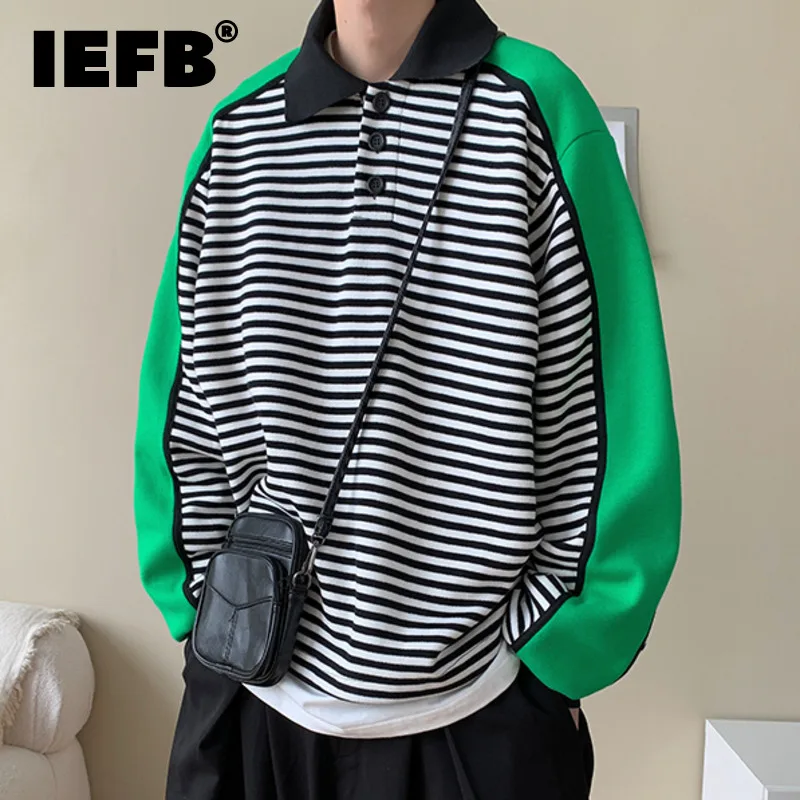 

IEFB Menswear Color Block Striped Spliced Pullover Tops 2021 New Loose Lapel Long Sleeve Sweatshirt Male Autumn Winter Clothing
