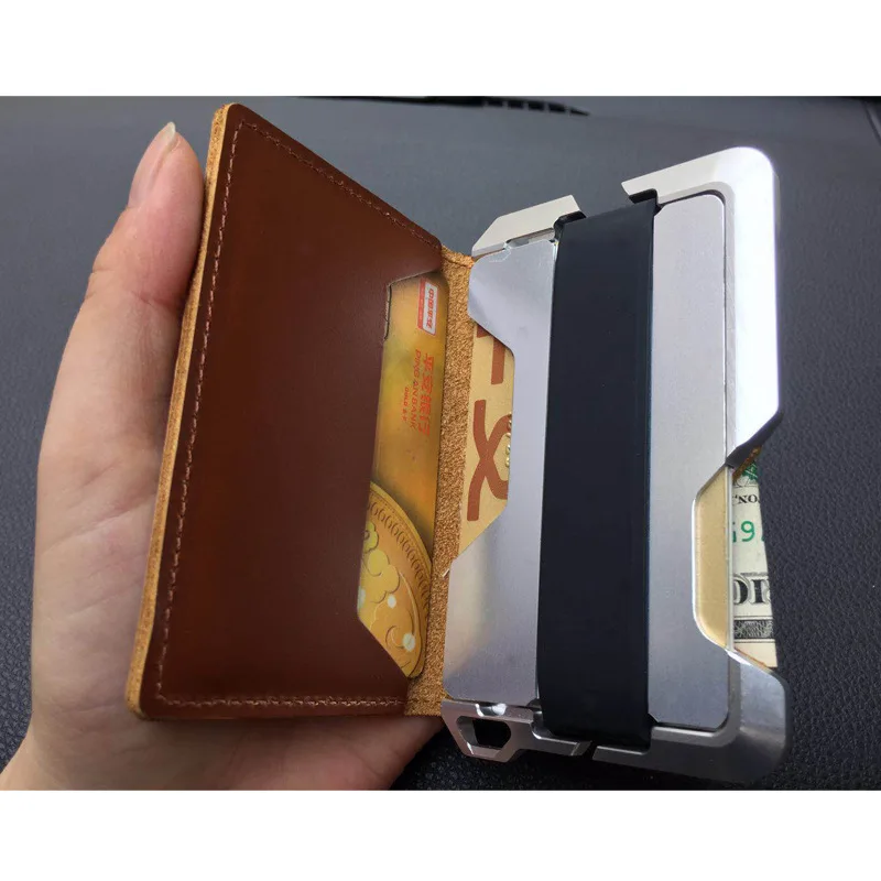 

BISI GORO RFID Blocking Card Wallet Genuine Leather Security Travel Passport Holder Vintage Pop-Up Aluminum ID Case Protector