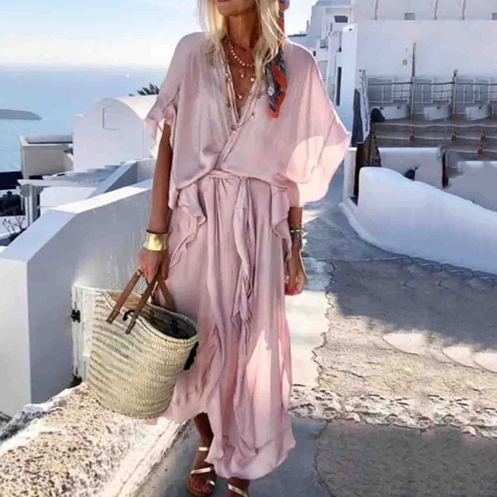 Женское пляжное желтое длинное платье в стиле бохо женское свободное с коротким