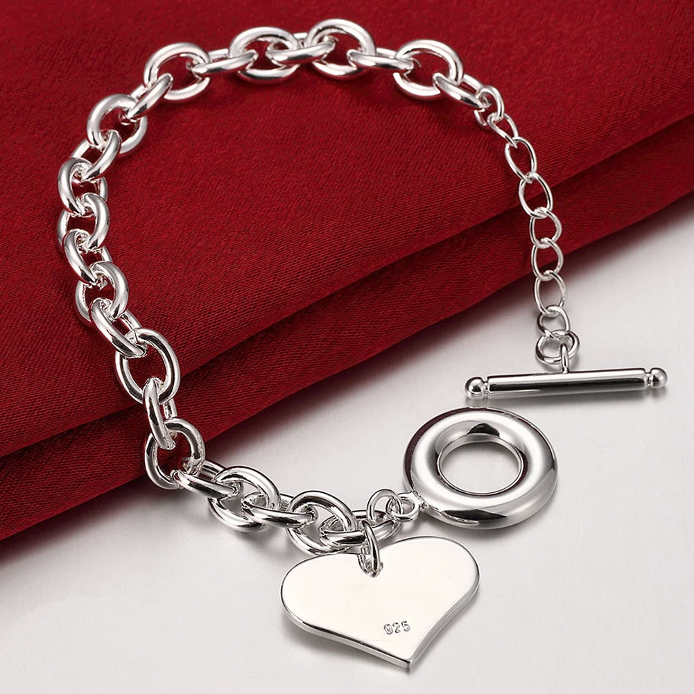 

925 Sterling Silver Love Heart Pendant Bracelet For Woman Wedding Engagement Fashion Charm Party Jewelry