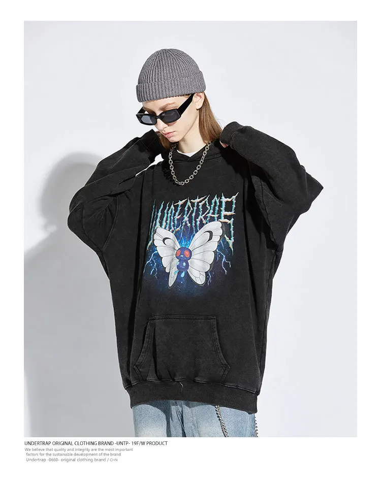 

Men Hip Hop Hoodie Sweatshirt Lightning Butterfly Streetwear Hoodie Retro Vintage Washed Black Hooded Pullover Harajuku WY270