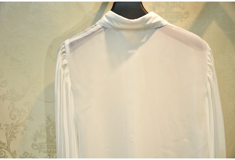 

Designer Luxury Shirts for Women Pleated Organ Sleeve Blouse White Perspective Chiffon Shirt