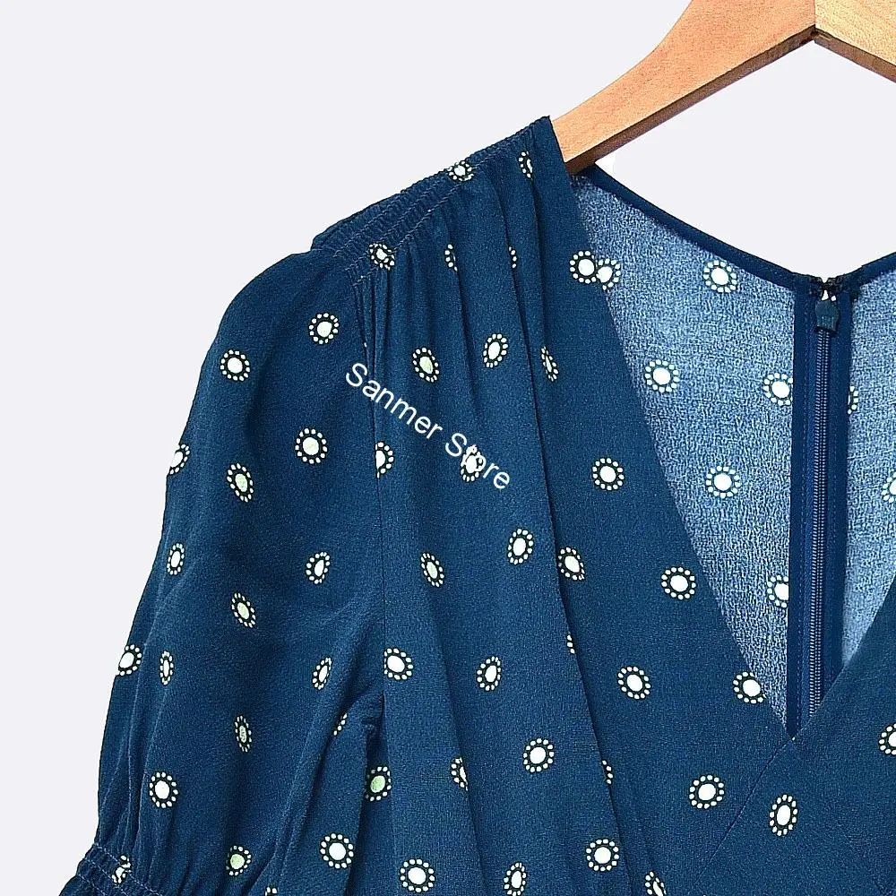 

Women Short Sleeve Summer Dress 2020 Retro New Blue Print V Neck Elegant Mid Style Dresses Robe