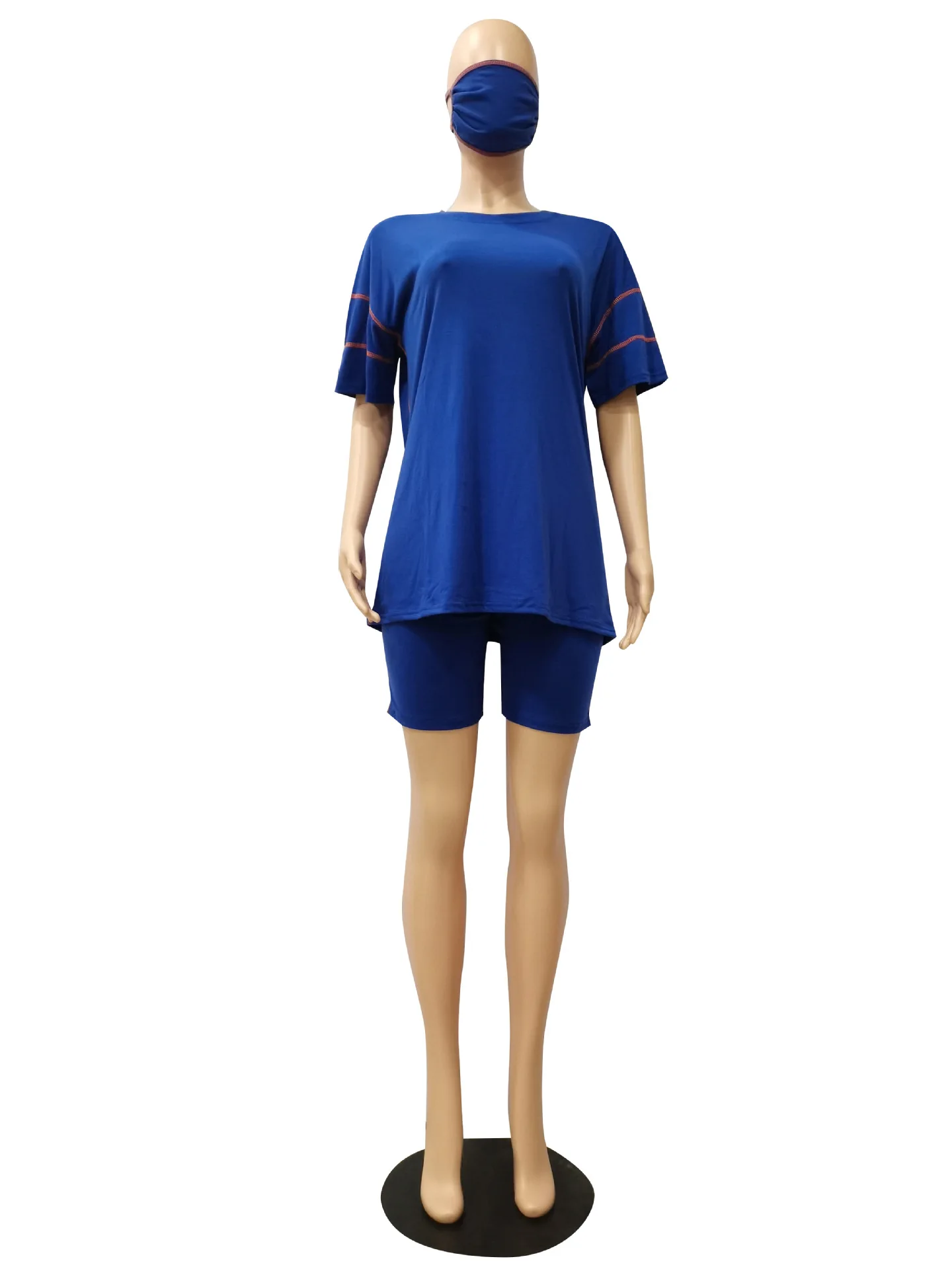 

Cutubly Patchwork Two 3 Piece Set With Mask Women Solid Club Two Piece Set 2020 New Summer O-Neck Short Sleeves Short Pants Set